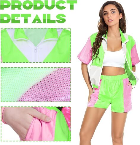 Alaiyaky 80s Tracksuit Costumes for Women Color Block Windbreaker Outfits Short Sleeve Zip Front Elastic Waist Tracksuit Set in Saudi Arabia