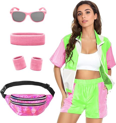 Alaiyaky 80s Tracksuit Costumes for Women Color Block Windbreaker Outfits Short Sleeve Zip Front Elastic Waist Tracksuit Set in Saudi Arabia