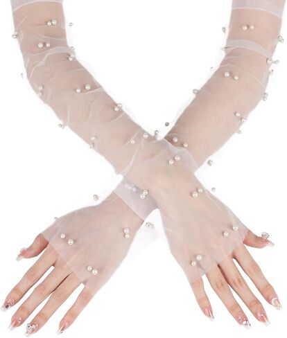 White Lace Sheer Gloves, Tulle Gloves, Bridal Gloves with Pearl for Wedding, Fingerless Gloves for Women Girls Long Elbow Wedding Gloves for Tea Opera Party Hallowmas Costume in Saudi Arabia