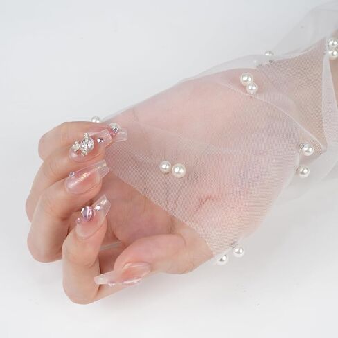 White Lace Sheer Gloves, Tulle Gloves, Bridal Gloves with Pearl for Wedding, Fingerless Gloves for Women Girls Long Elbow Wedding Gloves for Tea Opera Party Hallowmas Costume in Saudi Arabia