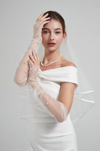 White Lace Sheer Gloves, Tulle Gloves, Bridal Gloves with Pearl for Wedding, Fingerless Gloves for Women Girls Long Elbow Wedding Gloves for Tea Opera Party Hallowmas Costume in Saudi Arabia