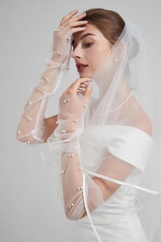 White Lace Sheer Gloves, Tulle Gloves, Bridal Gloves with Pearl for Wedding, Fingerless Gloves for Women Girls Long Elbow Wedding Gloves for Tea Opera Party Hallowmas Costume in Saudi Arabia