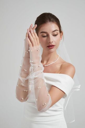 White Lace Sheer Gloves, Tulle Gloves, Bridal Gloves with Pearl for Wedding, Fingerless Gloves for Women Girls Long Elbow Wedding Gloves for Tea Opera Party Hallowmas Costume in Saudi Arabia
