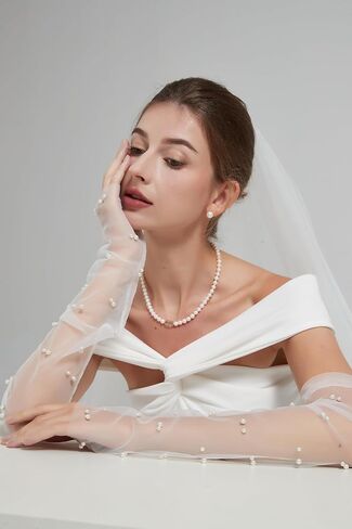 White Lace Sheer Gloves, Tulle Gloves, Bridal Gloves with Pearl for Wedding, Fingerless Gloves for Women Girls Long Elbow Wedding Gloves for Tea Opera Party Hallowmas Costume in Saudi Arabia