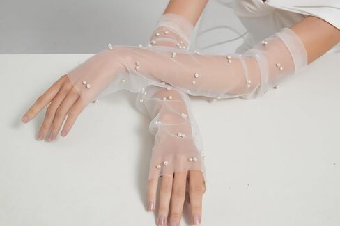 White Lace Sheer Gloves, Tulle Gloves, Bridal Gloves with Pearl for Wedding, Fingerless Gloves for Women Girls Long Elbow Wedding Gloves for Tea Opera Party Hallowmas Costume in Saudi Arabia