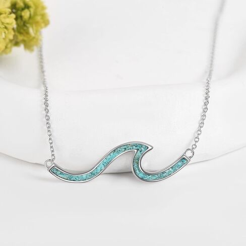 YFN Wave Turquoise Necklace Sterling Silver Ocean Wave Necklace Turquoise Wave Jewelry Beach Necklace for Women Girls Gifts in Saudi Arabia