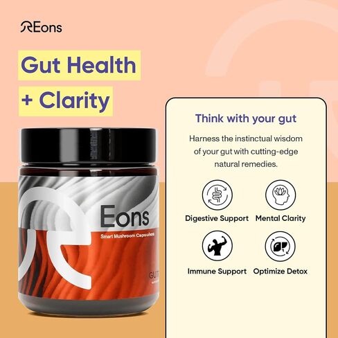 Eons Mushroom Gut Health & Clarity Capsules | Made with Chaga, Turkey Tail, Colostrum | Supercharge Nutrient Asorption | Gluten Free & Vegan | 90 Count in Saudi Arabia