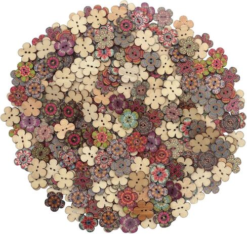 300 Pcs Mixed Random Painted Flower Painting Round 2 Holes Wood Wooden Buttons for Sewing Crafts DIY Projects 20mm,No.1 in Saudi Arabia
