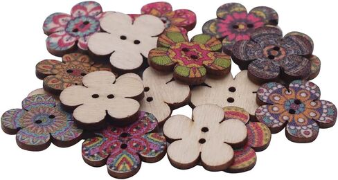 300 Pcs Mixed Random Painted Flower Painting Round 2 Holes Wood Wooden Buttons for Sewing Crafts DIY Projects 20mm,No.1 in Saudi Arabia