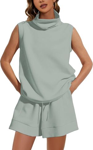 Meladyan المرأة قطعتين رياضية الياقة المدورة بلا أكمام سترة تانك عالية الخصر الرباط شورت مع جيوب ملابس عصرية، رمادي أخضر in Kuwait