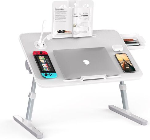 مكتب كمبيوتر محمول من RAINBEAN مع منفذ شحن وحامل كتب، مكتب كمبيوتر محمول قابل للطي وقابل للتعديل للسرير والأريكة in Kuwait