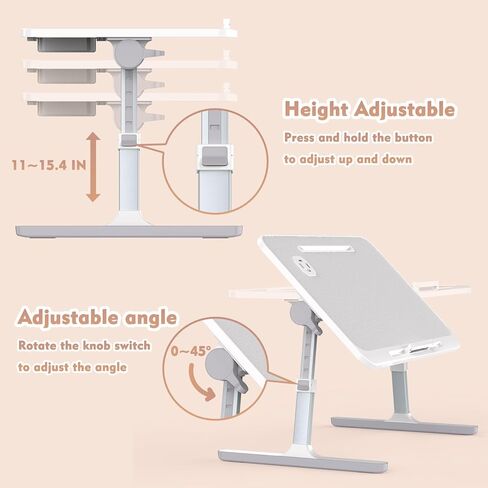 مكتب كمبيوتر محمول من RAINBEAN مع منفذ شحن وحامل كتب، مكتب كمبيوتر محمول قابل للطي وقابل للتعديل للسرير والأريكة in Kuwait