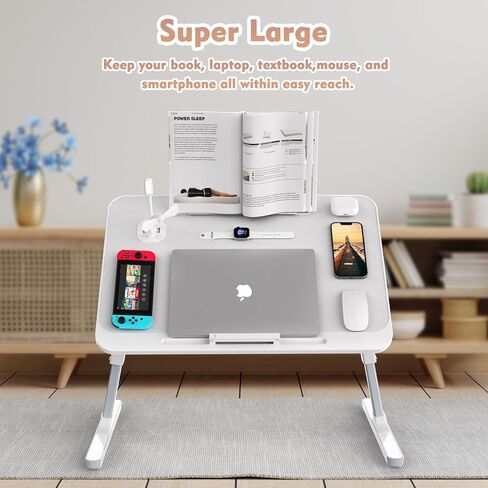 مكتب كمبيوتر محمول من RAINBEAN مع منفذ شحن وحامل كتب، مكتب كمبيوتر محمول قابل للطي وقابل للتعديل للسرير والأريكة in Kuwait