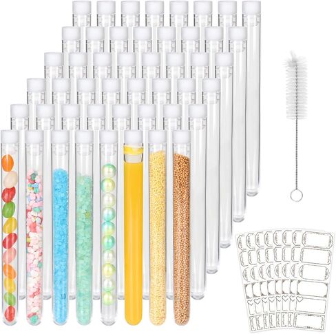 25 ml Test Tubes 48 Pack, Plastic Test Tubes with Caps, Clear Tubes with Lids, Small Test Tubes with Brushes & Stickers, Shot Tubes for Liquor, Lab, Storage (Height 160 mm, Diameter 16 mm) in Saudi Arabia
