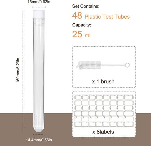 25 ml Test Tubes 48 Pack, Plastic Test Tubes with Caps, Clear Tubes with Lids, Small Test Tubes with Brushes & Stickers, Shot Tubes for Liquor, Lab, Storage (Height 160 mm, Diameter 16 mm) in Saudi Arabia