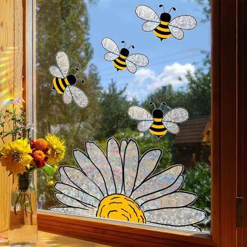 1 ورقة عباد الشمس نافذة يتمسك نافذة للنوافذ الزجاجية الربيع الصيف زهرة نافذة تتشبث PVC الألوان المائية النحل عباد الشمس نافذة الشارات عباد الشمس النحل نافذة ملصقات لمكتب متجر ديكورات المنزل in Kuwait