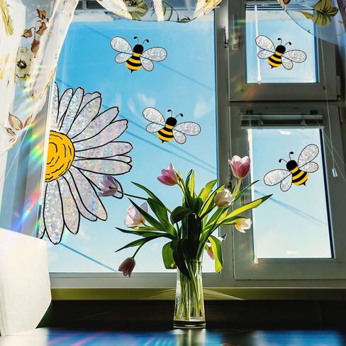 1 ورقة عباد الشمس نافذة يتمسك نافذة للنوافذ الزجاجية الربيع الصيف زهرة نافذة تتشبث PVC الألوان المائية النحل عباد الشمس نافذة الشارات عباد الشمس النحل نافذة ملصقات لمكتب متجر ديكورات المنزل in Kuwait