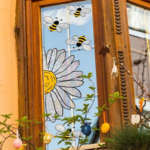 1 ورقة عباد الشمس نافذة يتمسك نافذة للنوافذ الزجاجية الربيع الصيف زهرة نافذة تتشبث PVC الألوان المائية النحل عباد الشمس نافذة الشارات عباد الشمس النحل نافذة ملصقات لمكتب متجر ديكورات المنزل in Kuwait