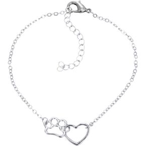 Women Girls Paw Print Bracelets Dog Cat Pets Love Heart Silver Girlfriends Daughter Granddaughter Sister Mom Auntie Cousin Niece Birthday Stainless Steel Anniversary