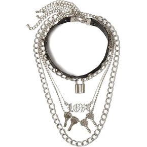 3-5Pcs Punk Layered Key Lock Chunky Chain Choker Necklace Set Gothic Stacking Safety Pin Spike Rivet Collar Necklace for Men Women Boy Girl Hip Hop Rock Cool Adjustable Bar Party Jewelry