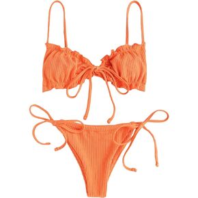 GORGLITTER Women's High Cut Swimsuit Triangle Tops Tie Side Thong Bikini Set Frill Bathing Suit