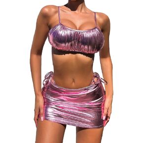 SweatyRocks Women's 3 Piece Bikini Set Metallic Spaghetti Strap Ruched Swimsuit with Beach Skirt Set Bathing Suit