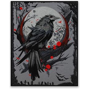 EMBROVERSE Gothic Raven and Flowers Large Back Patch - Dark Background - Macabre Witchy Crow Art, Embroidered Iron-On for Unique Jacket Embellishment, 8 x 10 inches