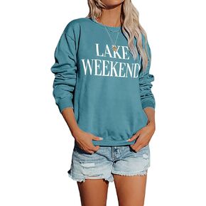 Ezcosplay Women Cute Lake Weekend Sweatshirt Letter Print Shirts Casual Loose Pullover Tops