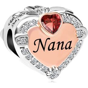 KunBead Nana Grandma Grandmother Love Rose Gold Heart Birthstone Bead Charms Compatible with Pandora Bracelet Birthday Jewelry Gifts for Women
