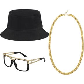 ONUPGO 80s/90s الهيب هوب زي عدة مغني الراب اكسسوارات قبعة بحافة النظارات الشمسية سلسلة ذهبية قلادة الزي للرجال والنساء