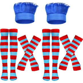 2 Pieces Blue Hairy Headband Crazy Hair Wigs, 2 Pairs Striped Thigh High Socks Over Knee Stockings, 2 Pairs Striped Arm Warmer Fingerless Gloves Long Thumb Hole Gloves for Halloween Costume Party