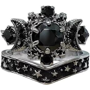 Triple Moon Goddess Ring Set Black Crystal Star Wicca Pagan Cresent For Women Wedding Engagement Wiccan Jewelry