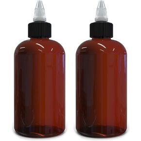 BRIGHTFROM Twist Top Applicator Bottles, 8 OZ Amber, Squeeze Empty Round Plastic Bottles, BPA-Free, PET, Refillable, Open/Close Nozzle (Black) - Multi Purpose (Pack of 2)
