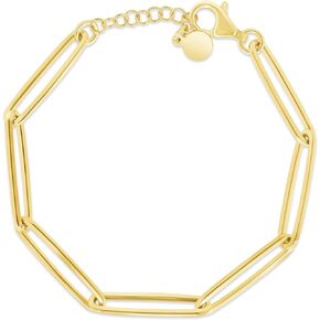 Italian Sterling Silver Elongated or Chunky Paperclip Link Bracelet for Women Hypoallergenic Yellow Gold or Rhodium Coating 7 to 7.5 Inch Adjustable Bracelet