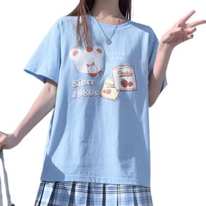 Japanese Harajuku Style Kawaii Pastel Goth Fashion Crewneck Cartoon Little Bear with Cookies Print T-Shirt