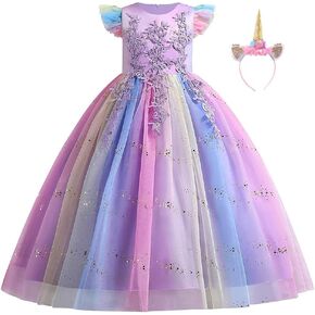 MYRISAM Girls Unicorn Rainbow Princess Long Tulle Dress Wedding Birthday Halloween Costume Christmas Party Outfits w/Headband