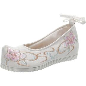 Chinese Ancient Embroidered Hanfu Shoes: 1 Pair Chinese Style Shoes Cloth Vintage Embroidery Mary Lace- up Shoes for Ladies Girls