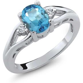 Gem Stone King 925 Sterling Silver Swiss Blue Topaz and White Topaz 3-Stone Ring For Women (1.80 Cttw, Center: 8X6MM Oval, Gemstone Birthstone, Available In Size 5, 6, 7, 8, 9)
