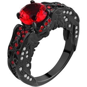 Ringcrown Black Skull Ring Round Red Cz Womens Wedding Ring Engagement Ring Punk Ring Skeleton Ring