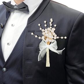 CROWN GUIDE Pearl Boutonniere for Men Wedding Groom Groomsmen Boutonniere for Prom Corsage Ceremony Anniversary Dinner Party