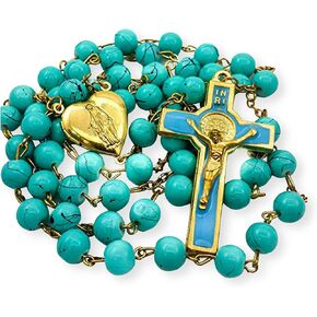 Nazareth Store Turquoise Saint Benedict Rosary Beads Necklace Catholic Chaplet Miraculous Locket Medal & Cross Religious Amulet for Women and Men - Velvet Bag