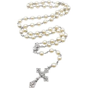 Nazareth Store Pearl Cream Beads Rosary Necklace Holy Soil Medal and Cross Catholic Rosaries for Women, Men