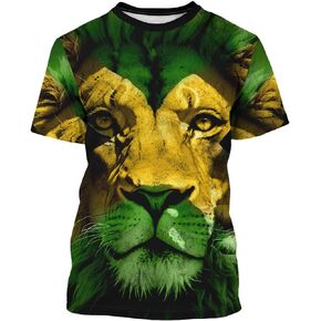 BJU Jamaica Flag T-Shirt Lion King Tee Printed Crewneck Short Sleeve Casual Sports Top Unisex