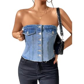WDIRARA Women's Raw Hem Button Front Crop Blouse Strapless Sleeveless Tube Denim Top