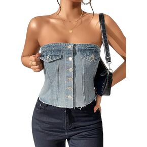 WDIRARA Women's Raw Hem Button Front Crop Blouse Strapless Sleeveless Tube Denim Top