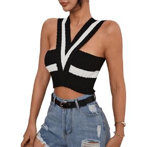 SweatyRocks Women's Sleeveless Criss Cross Rib Knit Halter Crop Top Colorblock Tank Tops