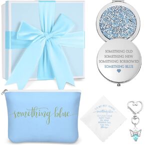 Set of 5 Something Blue Wedding Gift for Bride to My Best Friend Wedding Embroidered Handkerchief Angel Bouquet Charm Something Blue Bridal Cosmetic Bag Diamond Compact Mirror Blue Raffia Gift Box