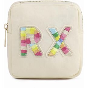 uekeboag Personalized Small Nylon Rx Cosmetic Bag, Cute Chenille Letter Patch Medicine Drug Pouch with Zipper,Preppy Makeup Travel Vitamin Bag for Women and Girls（01Sand）