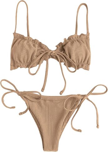 GORGLITTER Women's High Cut Swimsuit Triangle Tops Tie Side Thong Bikini Set Frill Bathing Suit in Saudi Arabia