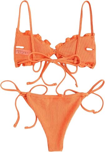 GORGLITTER Women's High Cut Swimsuit Triangle Tops Tie Side Thong Bikini Set Frill Bathing Suit in Saudi Arabia